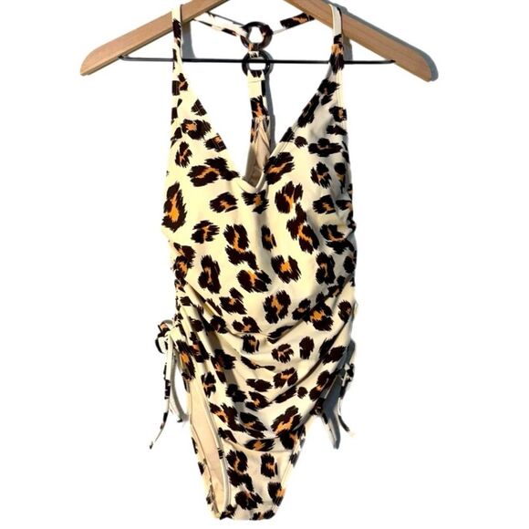 Kona Sol Leopard Print One Piece Beige Swimsuit Women’s Side Ruching S. - Picture 1 of 14